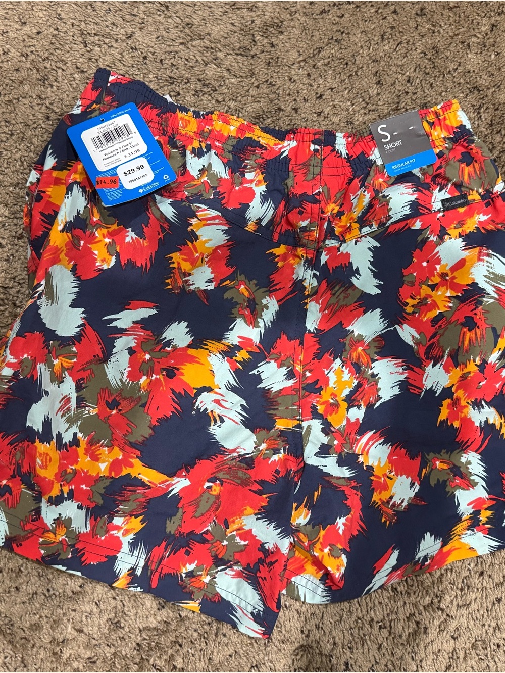 Columbia Navy Floral Brushstroke Athletic Shorts with Red and Orange Accents